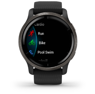 Išmanusis laikrodis Garmin Venu 2, Skalūno spalvos nerūdijančiojo plieno apvadas, su juodu korpusu ir silikoniniu dirželiu aprašymas - Prekės nuotrauka