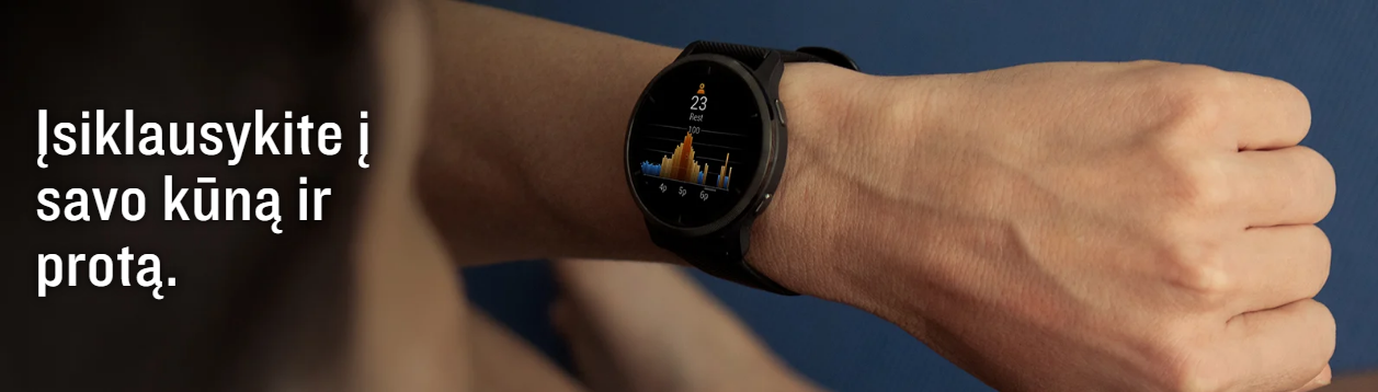 Išmanusis laikrodis Garmin Venu 2, Skalūno spalvos nerūdijančiojo plieno apvadas, su juodu korpusu ir silikoniniu dirželiu aprašymas - Prekės nuotrauka