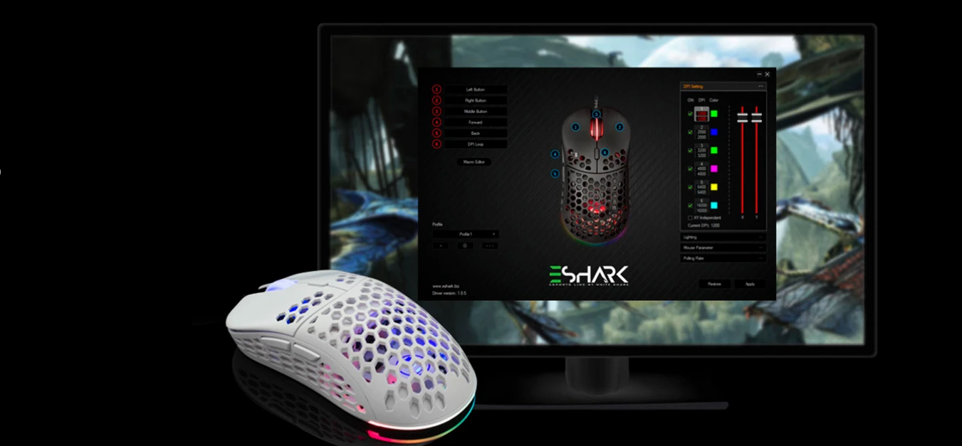 Itin lengva Žaidimų pelė eShark Naginata White, 60g, Pixart PMW3389 jutiklis, su RGB pašvietimu aprašymas - Prekės nuotrauka