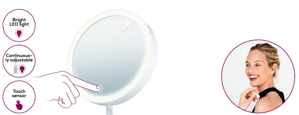 Beurer – BS 45 šviečiantis kosmetinis veidrodis su LED šviesos jutiklio mygtuku aprašymas - Prekės nuotrauka