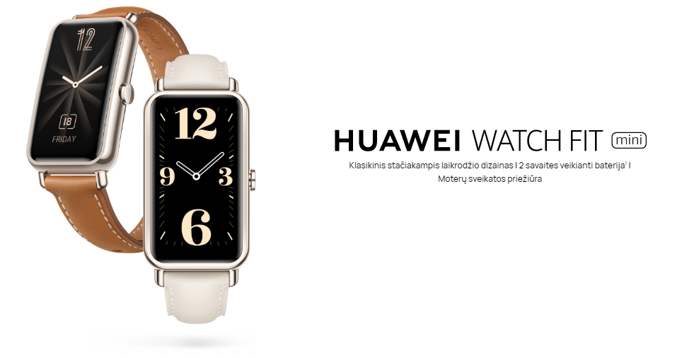 Išmanusis laikrodis Huawei Watch Fit Mini, Auksinės spalvos korpusas su  šviesiai rudos spalvos odiniu dirželiu | Varle.lt