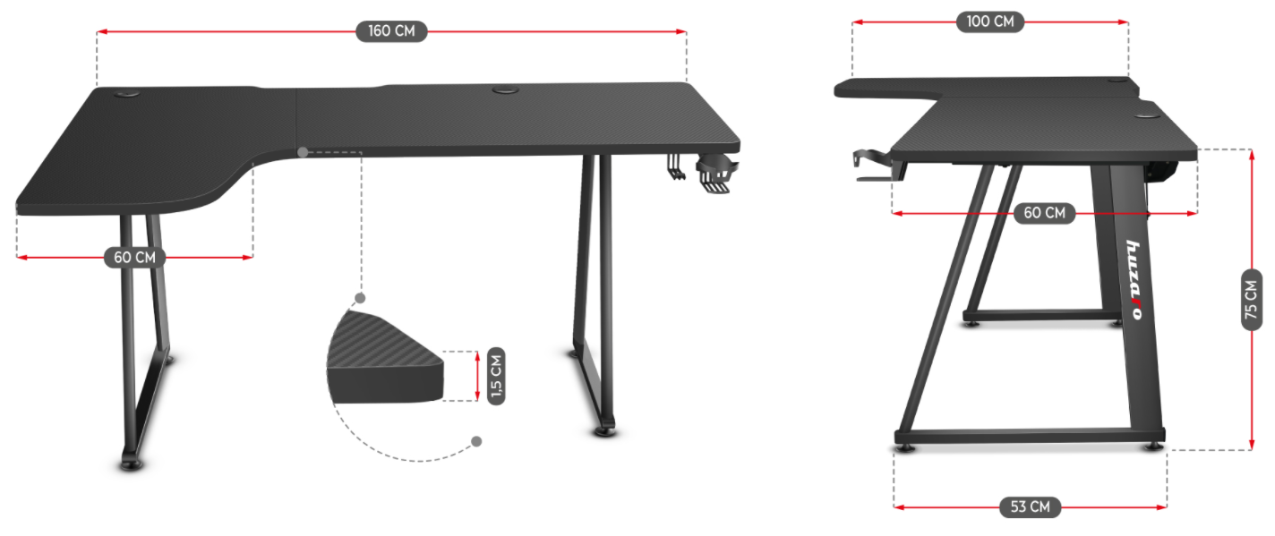 Kampinis žaidimų stalas Huzaro Hero 7.7 Gaming Desk, Juodas aprašymas - Prekės nuotrauka