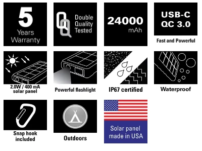 Nešiojama saulės baterija-įkroviklis Sandberg Outdoor Solar Powerbank 24000 aprašymas - Prekės nuotrauka