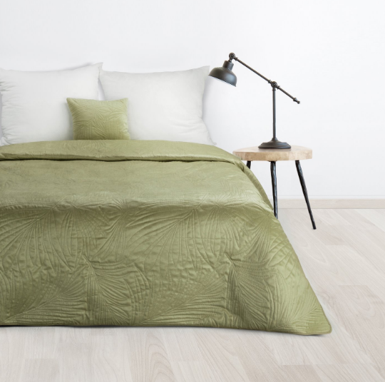 Eurofirany DESIGN 91 LUIZ / 4 Aksominė lovatiesė, dygsniuota karšto spaudimo būdu su palmių lapų raštu, 170X210 cm, spalva: šviesiai žalia Lovatiesė aprašymas - Prekės nuotrauka