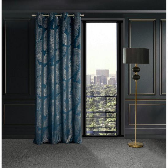 Eurofirany LIMITED COLLECTION MUSA2A Naktinė užuolaida iš minkšto aksomo su bananų lapų raštu, 140X250 cm, kilpos / žiedai, spalva: tamsiai mėlyna / šampano aprašymas - Prekės nuotrauka