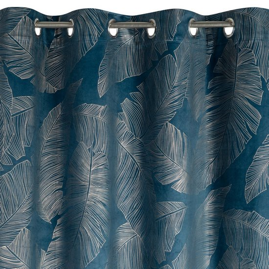 Eurofirany LIMITED COLLECTION MUSA2A Naktinė užuolaida iš minkšto aksomo su bananų lapų raštu, 140X250 cm, kilpos / žiedai, spalva: tamsiai mėlyna / šampano aprašymas - Prekės nuotrauka