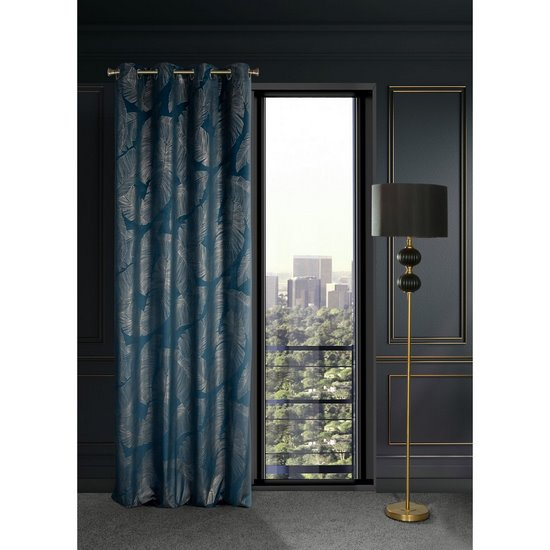 Eurofirany LIMITED COLLECTION MUSA2A Naktinė užuolaida iš minkšto aksomo su bananų lapų raštu, 140X250 cm, kilpos / žiedai, spalva: tamsiai mėlyna / šampano aprašymas - Prekės nuotrauka