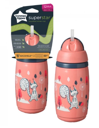TOMMEE TIPPEE gertuvė su šiaudeliu INSULATED STRAW 266ml, 12m+, pink, 448017 aprašymas - Prekės nuotrauka