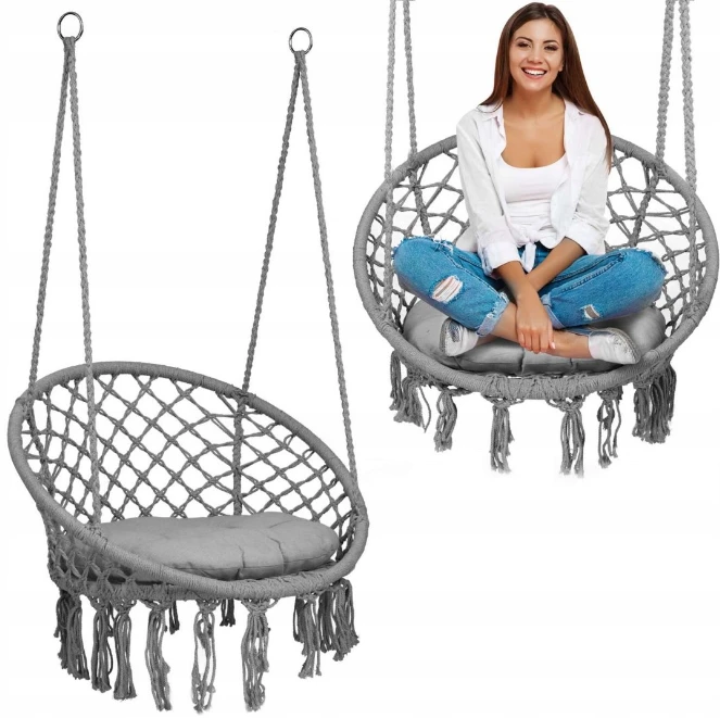 Boho pakabinamas krėslas -sūpynės su pagalve, pilka aprašymas - Prekės nuotrauka