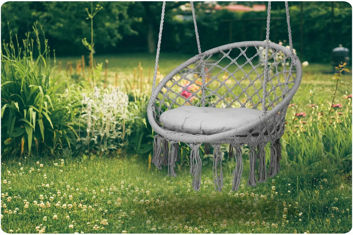 Boho pakabinamas krėslas -sūpynės su pagalve, pilka aprašymas - Prekės nuotrauka