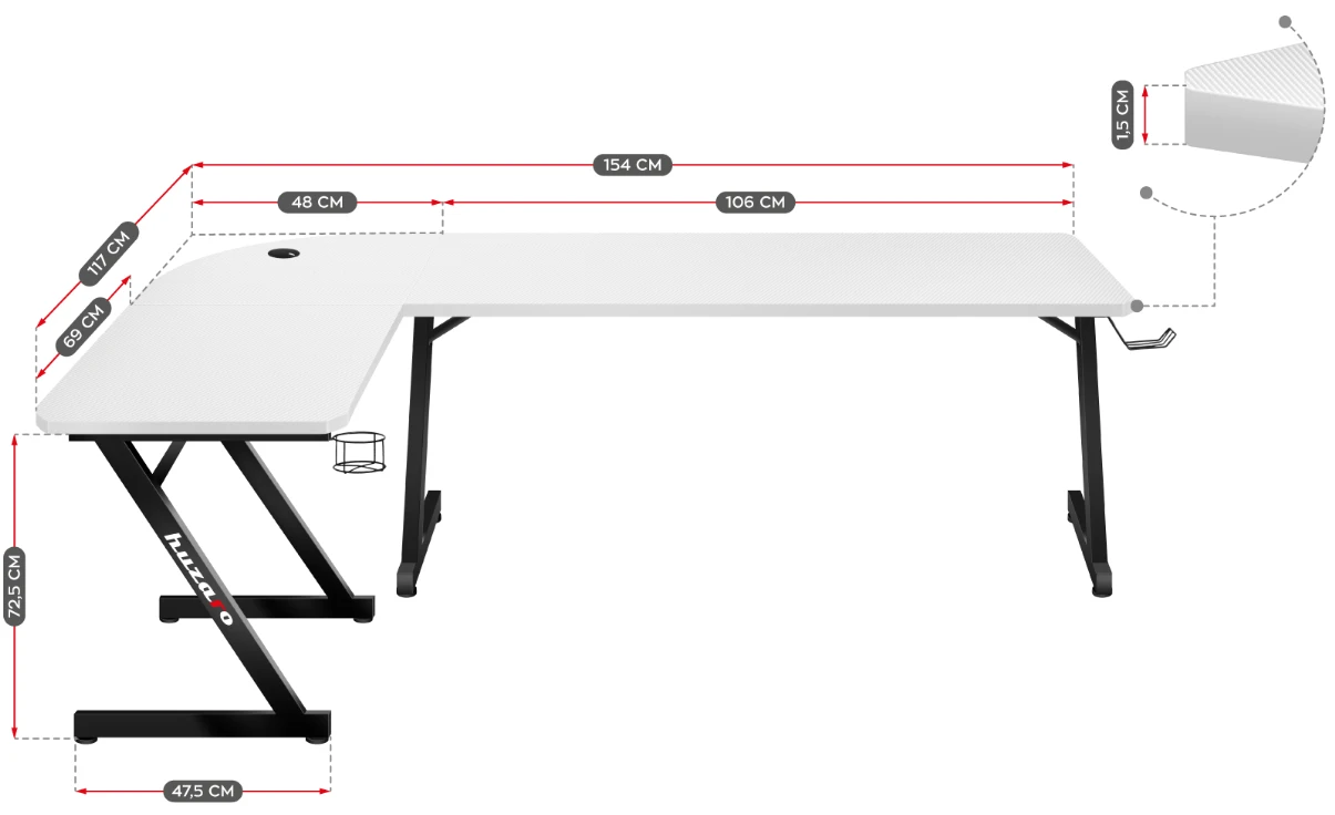 Kampinis žaidimų stalas Huzaro Hero 7.0 Gaming Desk, baltas aprašymas - Prekės nuotrauka