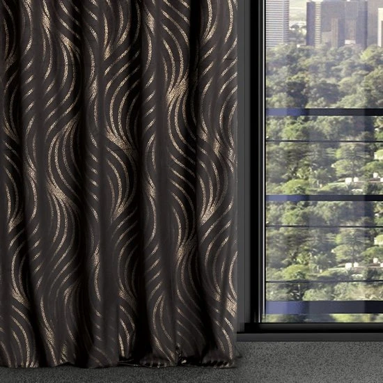 Eurofirany LIMITED COLLECTION VICTORIA3A Minkšto aksomo naktinė užuolaida su geometriniu raštu, 140X270 cm, juosta / tunelis / kabliukai, spalva: juoda, šampano aprašymas - Prekės nuotrauka