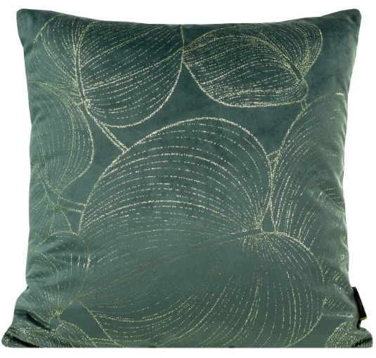 Eurofirany BLINK / 23 Minkšto aksomo pagalvės užvalkalas su auksiniu lapų raštu, 45X45 cm, spalva: tamsiai mėtinė / šviesiai auksinė aprašymas - Prekės nuotrauka