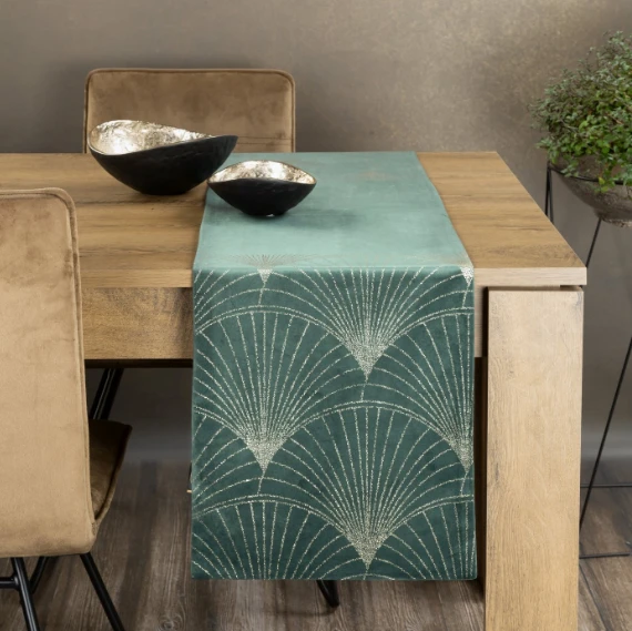 Eurofirany BLINK / 14 Aksominis stalo takelis su su dideliu art deco stiliaus vėduoklės raštu, 35X140 cm, spalva: tamsi mėtų aprašymas - Prekės nuotrauka