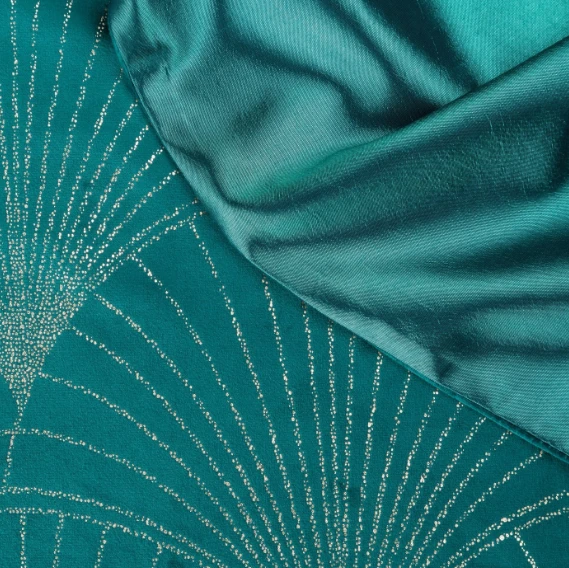 Eurofirany BLINK / 14 Aksominis stalo takelis su su dideliu art deco stiliaus vėduoklės raštu, 35X220 cm, spalva: tamsi turkio aprašymas - Prekės nuotrauka