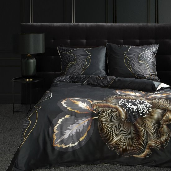 Eurofirany LIMITED COLLECTION PEONIA3 Mako satino medvilnės patalynės komplektas 160 X 200 cm, 2 vnt. 70 X 80 cm, spalva: juoda, auksinė aprašymas - Prekės nuotrauka