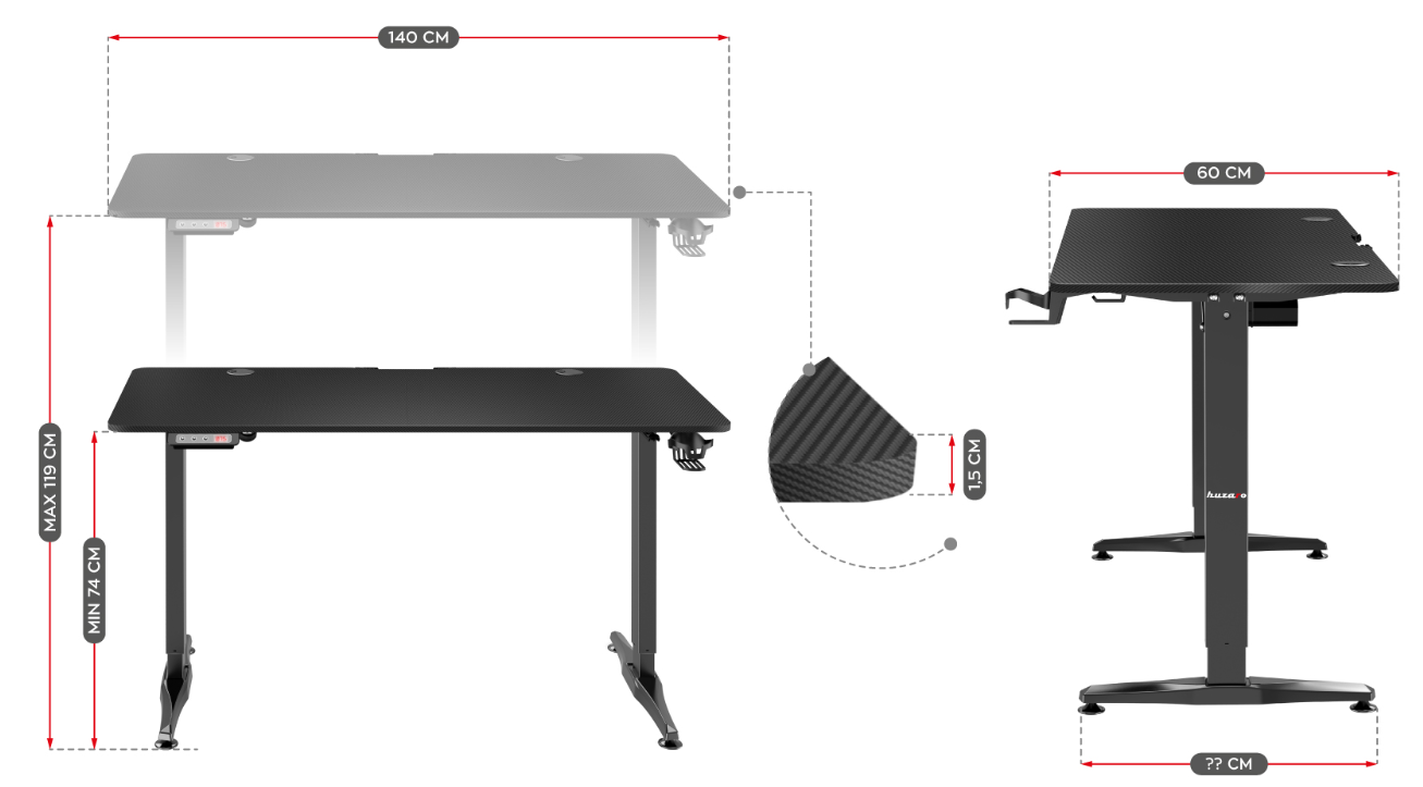 Žaidimų stalas Huzaro Hero 8.5 Gaming Desk, Motorizuotas, Reguliuojamo aukščio 740-1190mm, Juodos spalvos aprašymas - Prekės nuotrauka