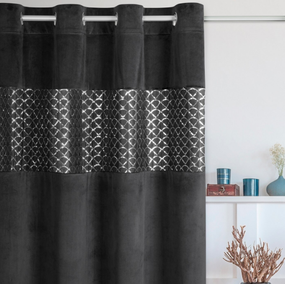 Eurofirany MARGOT Naktinė užuolaida iš aksomo su siuvinėjimu dekoruota juosta ir blizgučiais, 140X250 cm, kilpos /žiedai, spalva: juoda aprašymas - Prekės nuotrauka