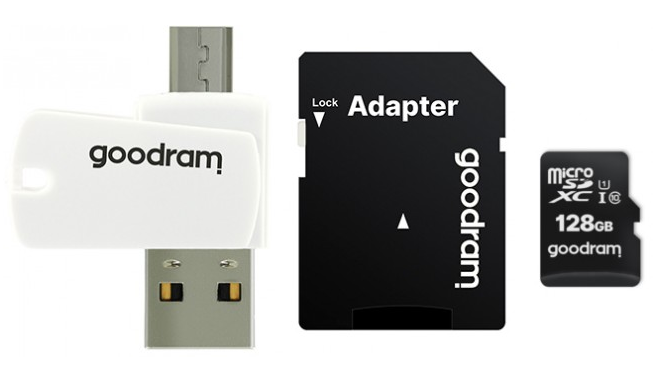 GOODRAM 128GB microSDXC 10 klasės UHS I + adapteris + skaitytuvas aprašymas - Prekės nuotrauka