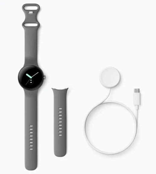 Išmanusis laikrodis Google Pixel Watch WiFi (41mm, 32 GB), Sidabrinės spalvos apvadas su pilkos spalvos silikoniniu dirželiu aprašymas - Prekės nuotrauka