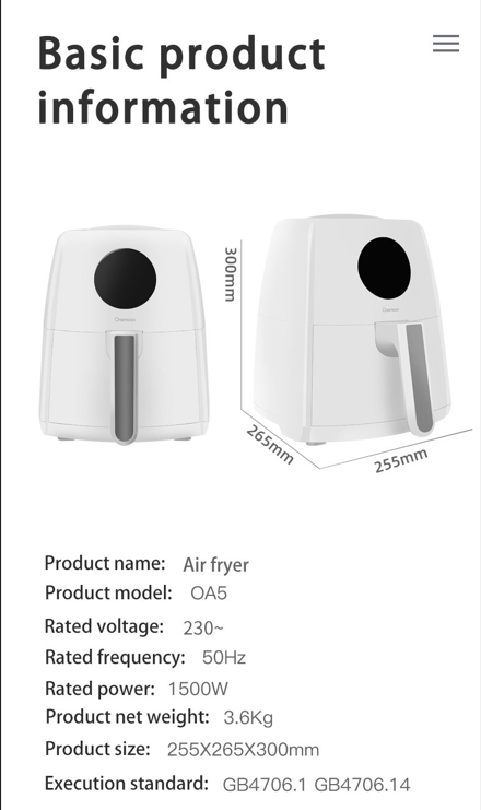 Xiaomi Karšto oro gruzdintuvė Onemoon Air Fryer OA5 3.5L, balta aprašymas - Prekės nuotrauka