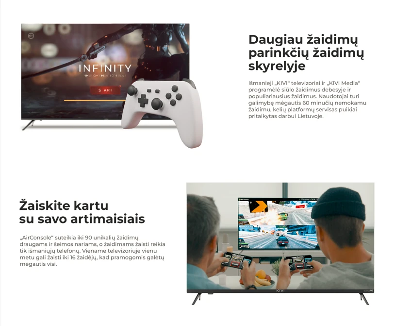 Televizorius Kivi 43U740NB, 43' UHD, Google Android TV, Juodas, 3840x2160, 60 Hz, , 2x10W, 53 kWh/1000h , BT5, HDMI jungtys 4 aprašymas - Prekės nuotrauka