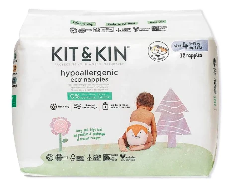 Kit And Kin Biologiškai suyrančios kūdikių sauskelnės, 4 dydis, 9-14 kg, 32 vnt. aprašymas - Prekės nuotrauka
