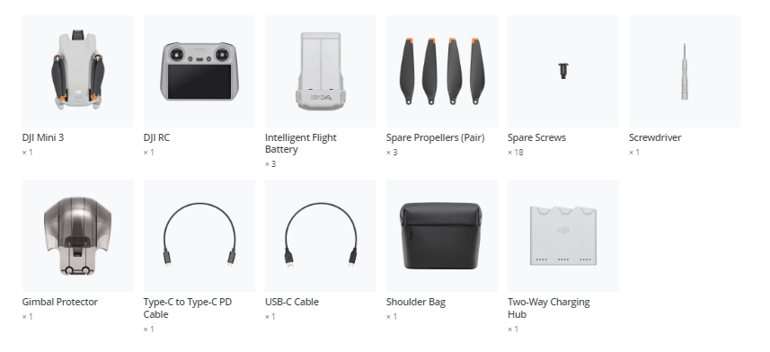 Dronas DJI Mini 3 Fly More Combo su DJI RC valdymo pultu ir papildomais aksesuarais aprašymas - Prekės nuotrauka