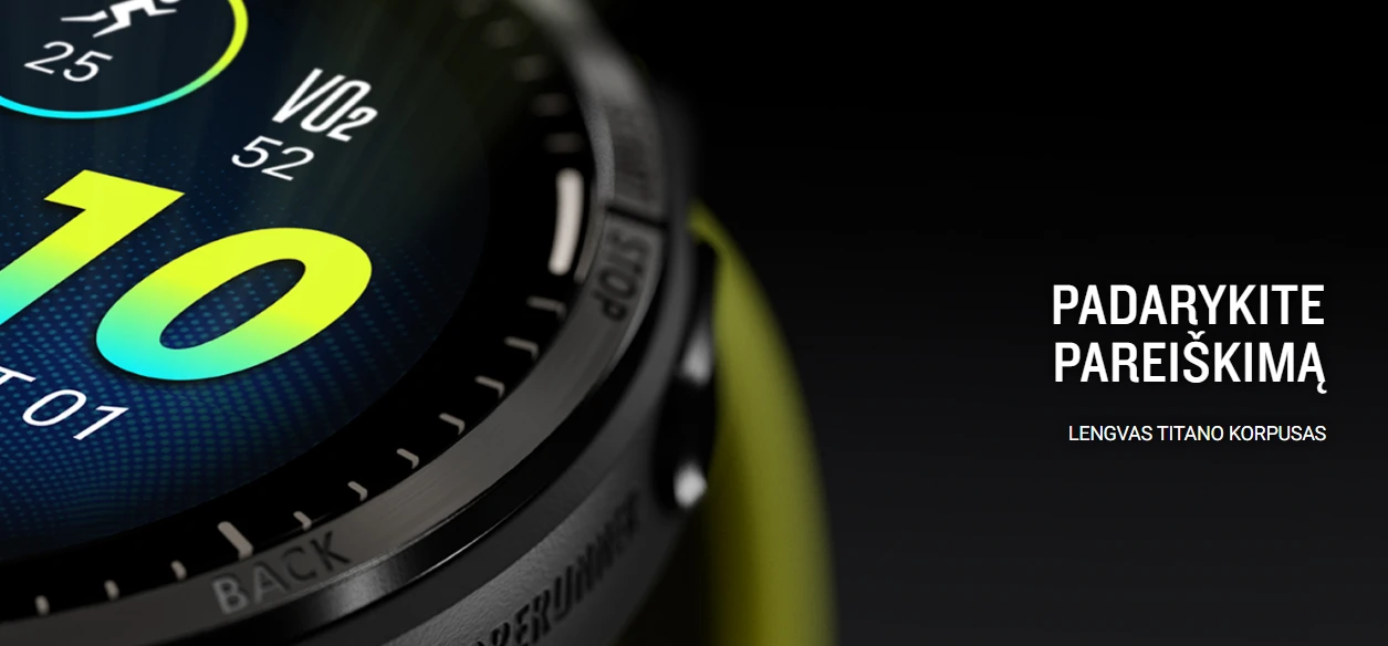 Išmanusis laikrodis Garmin Forerunner 965, Titano apvadas su „Whitestone“ (baltojo akmens) spalvos korpusu ir „Whitestone“ (baltojo akmens) ir „Powder Grey“ (pilkšvos) spalvos silikoniniu dirželiu aprašymas - Prekės nuotrauka
