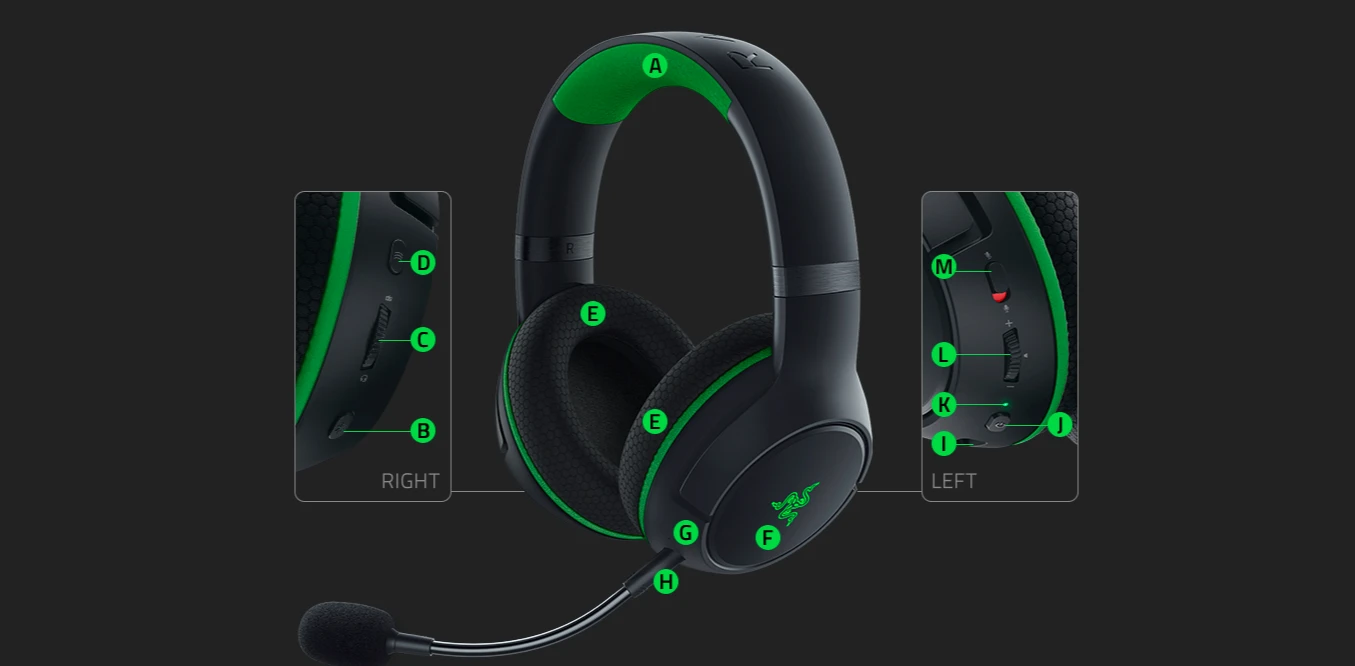 Belaidės žaidimų ausinės Razer Kaira Pro, skirtos Xbox Series X ir mobiliems Xbox žaidimams, Juodos spalvos aprašymas - Prekės nuotrauka