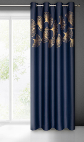 Eurofirany Naktinė blackout tipo temdanti užuolaida HARMONY su blizgiu ginkmedžio raštu, 140 X 250 cm, žiedai, spalva: tamsiai mėlyna, auksinė aprašymas - Prekės nuotrauka