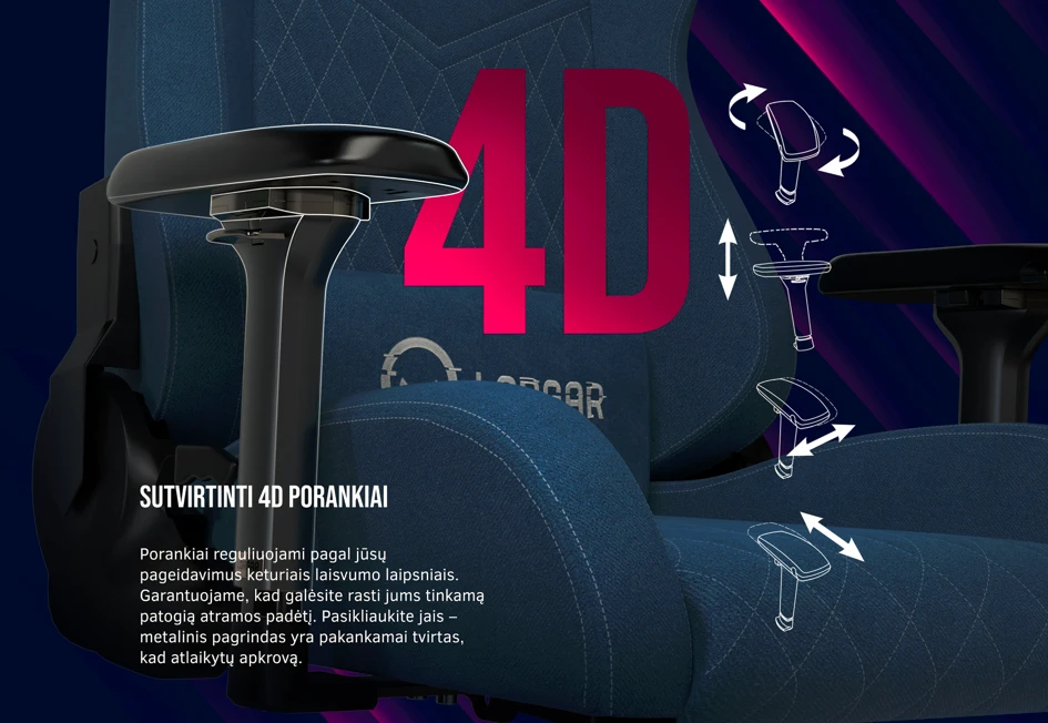 Žaidimų kėdė LORGAR Ace 422 (LRG-CHR422BL), Patvarus audinys, atsparus dėmėms, 1,8 mm metalinis rėmas, multiblokinis mechanizmas, 4D porankiai, 5 žvaigždučių aliuminio pagrindas, 4 klasės dujinis keltuvas, 75 mm poliuretano ratukai, Mėlynos spalvos aprašymas - Prekės nuotrauka