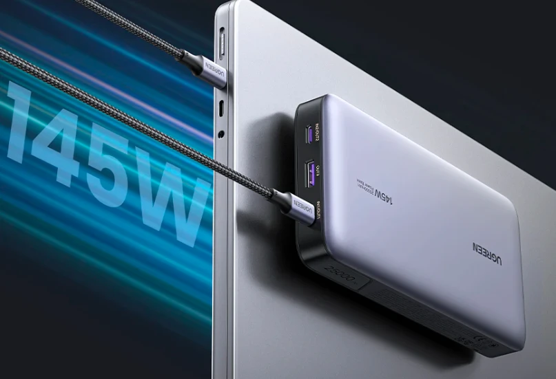 Nešiojamas įkroviklis UGREEN Powerbank 145W nešiojamajam kompiuteriui - 3 jungtys / 25000mAh aprašymas - Prekės nuotrauka