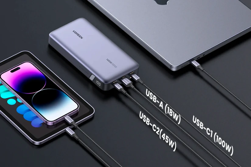 Nešiojamas įkroviklis UGREEN Powerbank 145W nešiojamajam kompiuteriui - 3 jungtys / 25000mAh aprašymas - Prekės nuotrauka