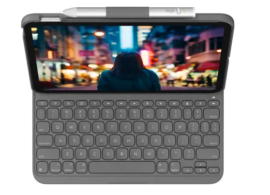 Logitech Slim Folio klaviatūros dėklas iPad, Pilkos spalvos aprašymas - Prekės nuotrauka
