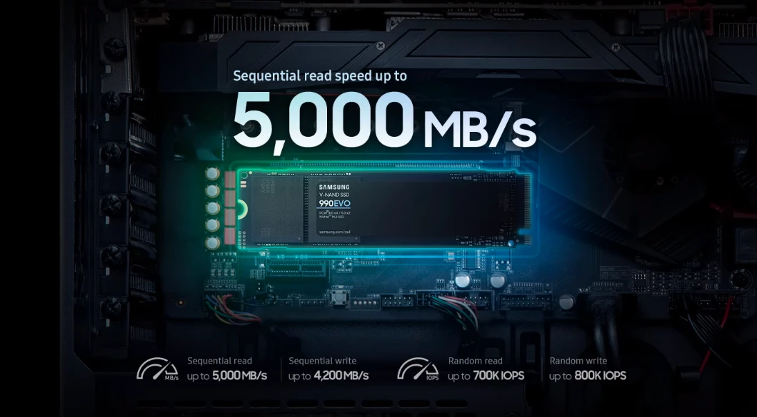 Kietasis diskas Samsung 990 EVO, 2000 GB, Rašymo greitis 4200 MB/s, Skaitymo greitis 5000 MB/s aprašymas - Prekės nuotrauka