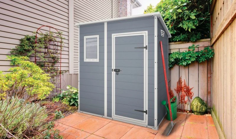 Keter sodo namelis Manor Pent 6x4, pilkos/baltos spalvos, 183,5 x 111 x 200,5 cm aprašymas - Prekės nuotrauka