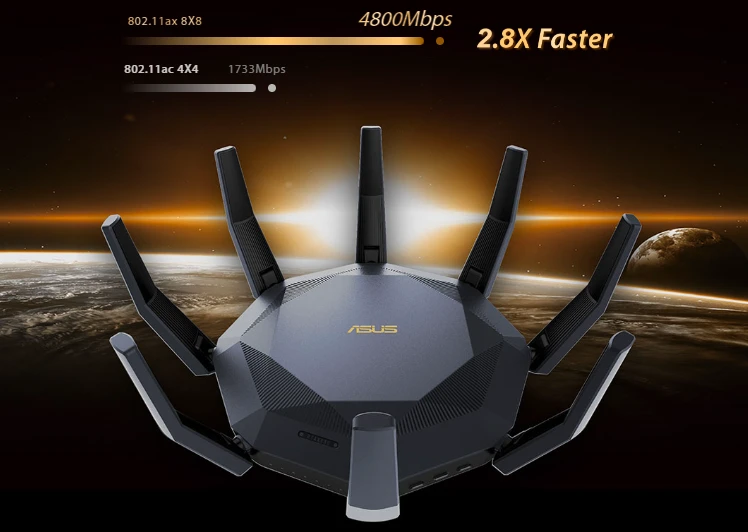 Maršrutizatorius ASUS RT-AX89X/12-stream AX6000 Dual Band WiFi 6 (802.11ax) aprašymas - Prekės nuotrauka Maršrutizatorius ASUS RT-AX89X/12-stream AX6000 Dual Band WiFi 6 (802.11ax) aprašymas - Prekės nuotrauka