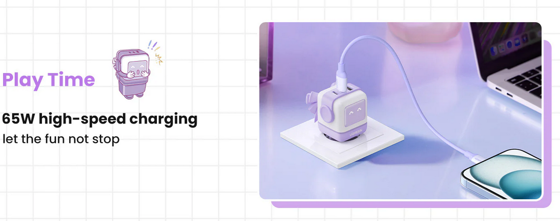 Įkroviklis Ugreen Nexode RG 65W GaN, 2 x USB-C + USB-A, violetinės spalvos aprašymas - Prekės nuotrauka