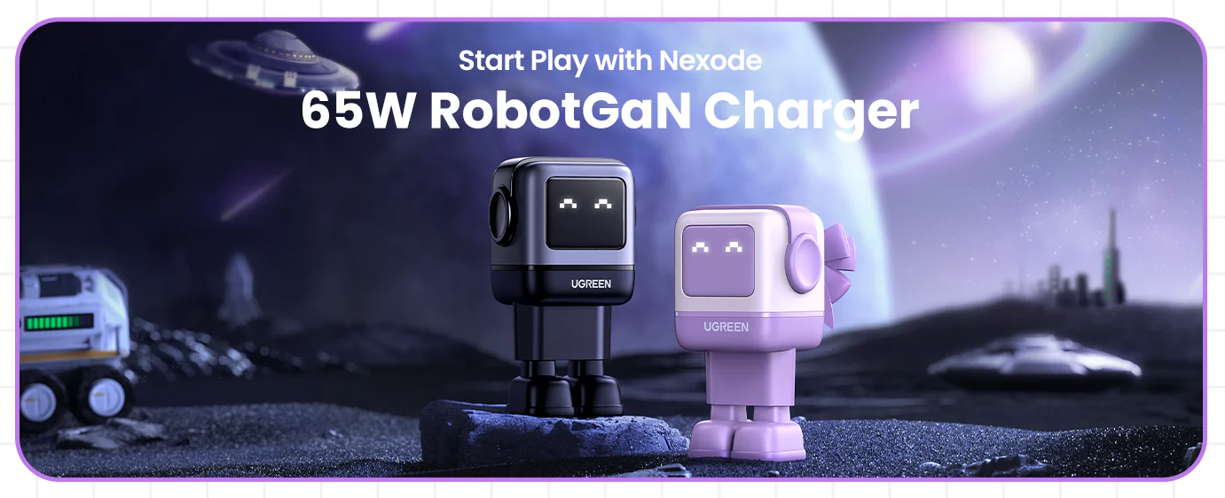 Įkroviklis Ugreen Nexode RG 65W GaN, 2 x USB-C + USB-A, violetinės spalvos aprašymas - Prekės nuotrauka