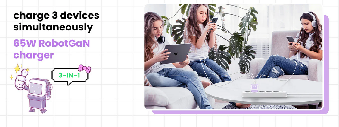 Įkroviklis Ugreen Nexode RG 65W GaN, 2 x USB-C + USB-A, violetinės spalvos aprašymas - Prekės nuotrauka