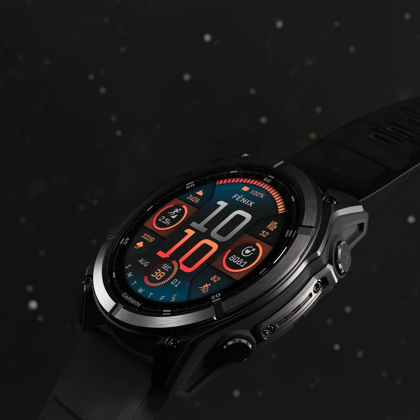 Išmanusis laikrodis Garmin Fenix 8 – 43 mm, AMOLED Sapphire, Pilkos anglies spalvos DLC titanas su juodos / pilkos akmenukų spalvos silikoniniu aprašymas - Prekės nuotrauka