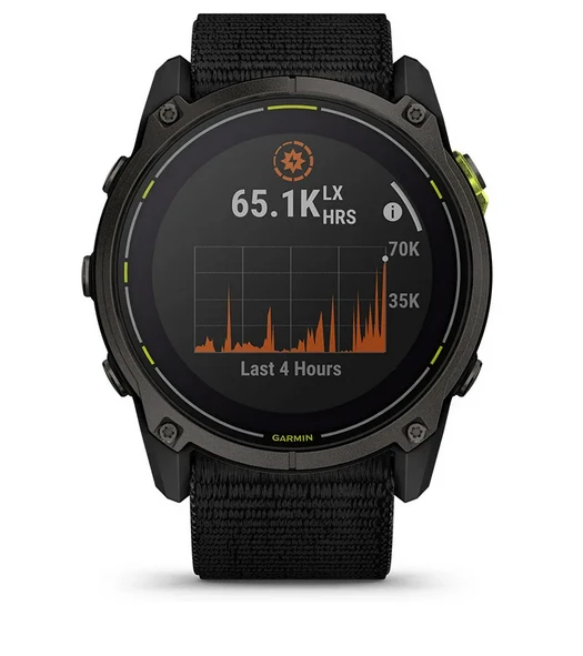 Išmanusis laikrodis Garmin Enduro 3 Pilkos anglies spalvos DLC titanas su juodos spalvos UltraFit Nylon dirželiu aprašymas - Prekės nuotrauka