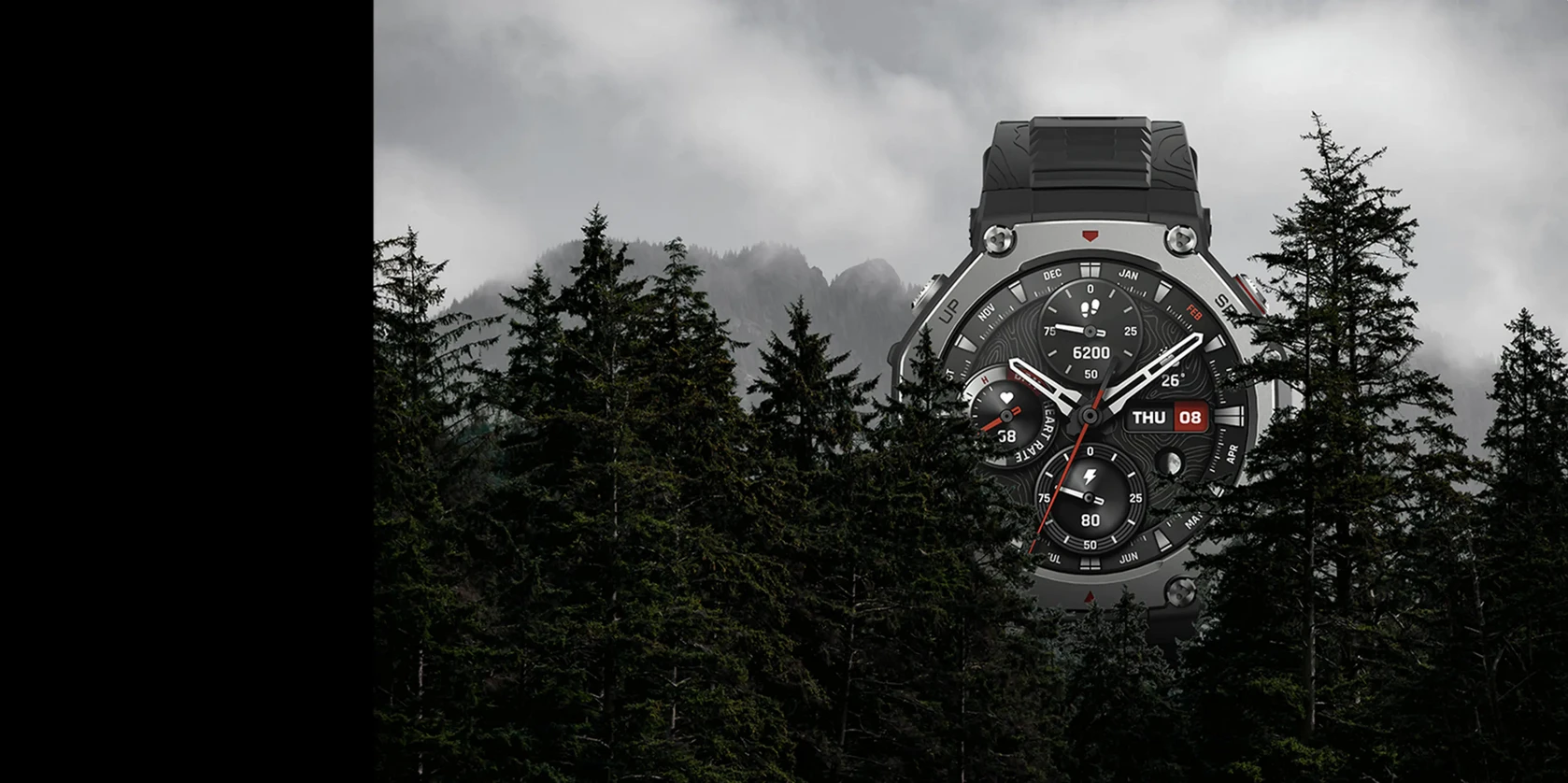 Išmanusis laikrodis Amazfit T-Rex 3, Nerudijančio plieno korpusas su onikso spalvos silikoniniu dirželiu aprašymas - Prekės nuotrauka