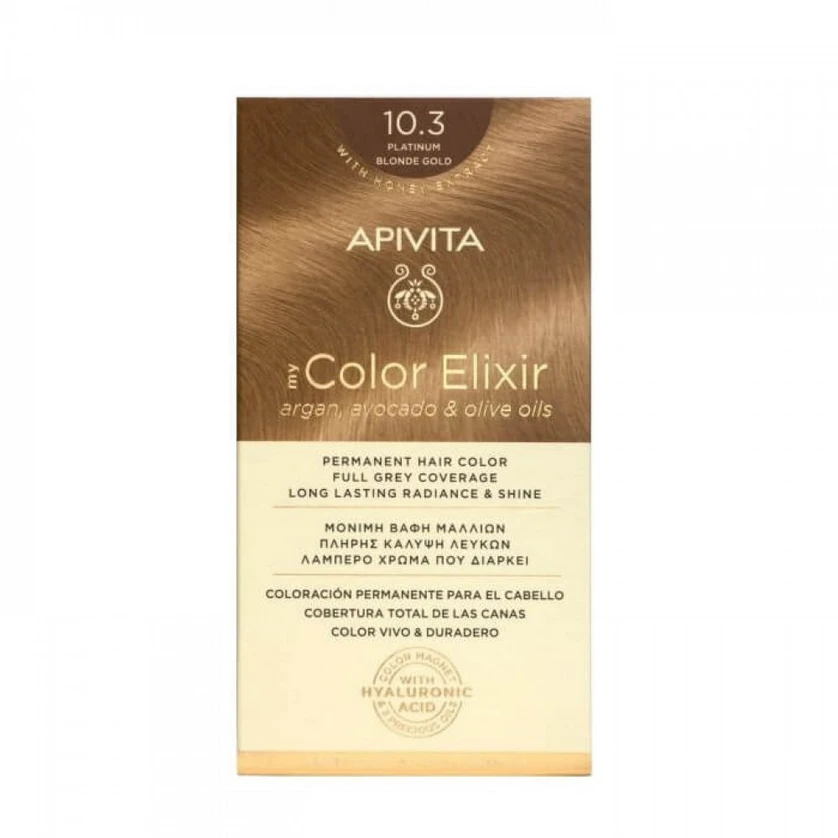 Ilgalaikiai plaukų dažai Apivita MY COLOR ELIXIR, 10.3 Platinum Blonde Gold aprašymas - Prekės nuotrauka