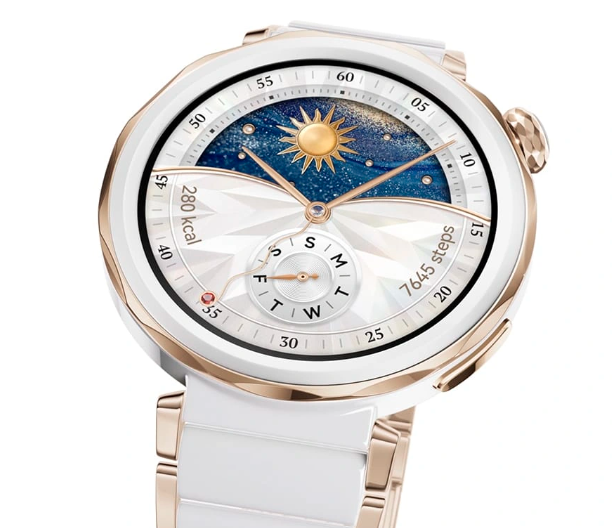 Išmanusis laikrodis Huawei Watch GT 5 Pro Active (42 mm), Baltos spalvos keramikinis dirželis su aukso spalvos detalėmis aprašymas - Prekės nuotrauka