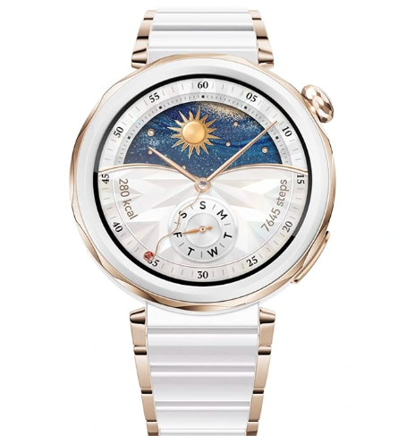 Išmanusis laikrodis Huawei Watch GT 5 Pro Active (42 mm), Baltos spalvos keramikinis dirželis su aukso spalvos detalėmis aprašymas - Prekės nuotrauka