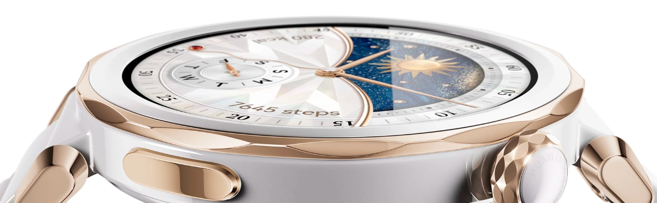 Išmanusis laikrodis Huawei Watch GT 5 Pro Active (42 mm), Baltos spalvos keramikinis dirželis su aukso spalvos detalėmis aprašymas - Prekės nuotrauka