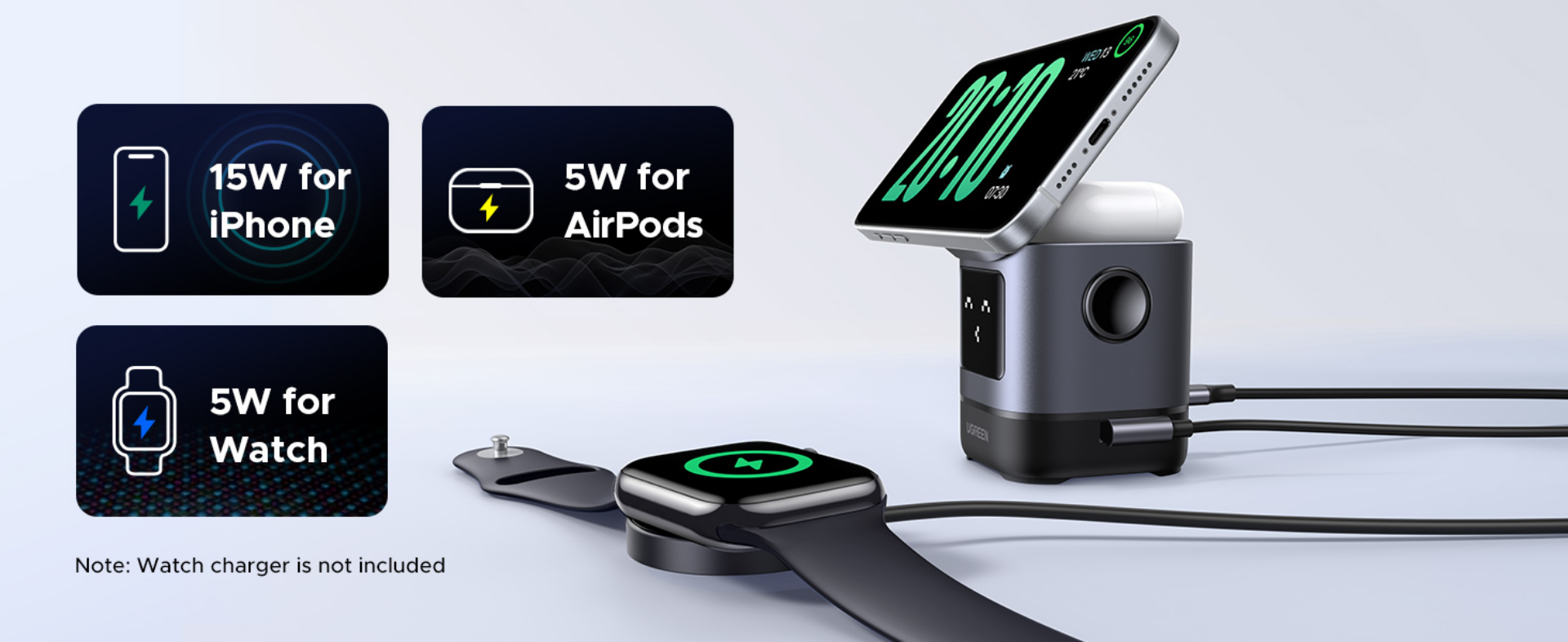 Bevielis įkroviklis UGREEN 2-in-1 Magnetic Wireless Charger aprašymas - Prekės nuotrauka
