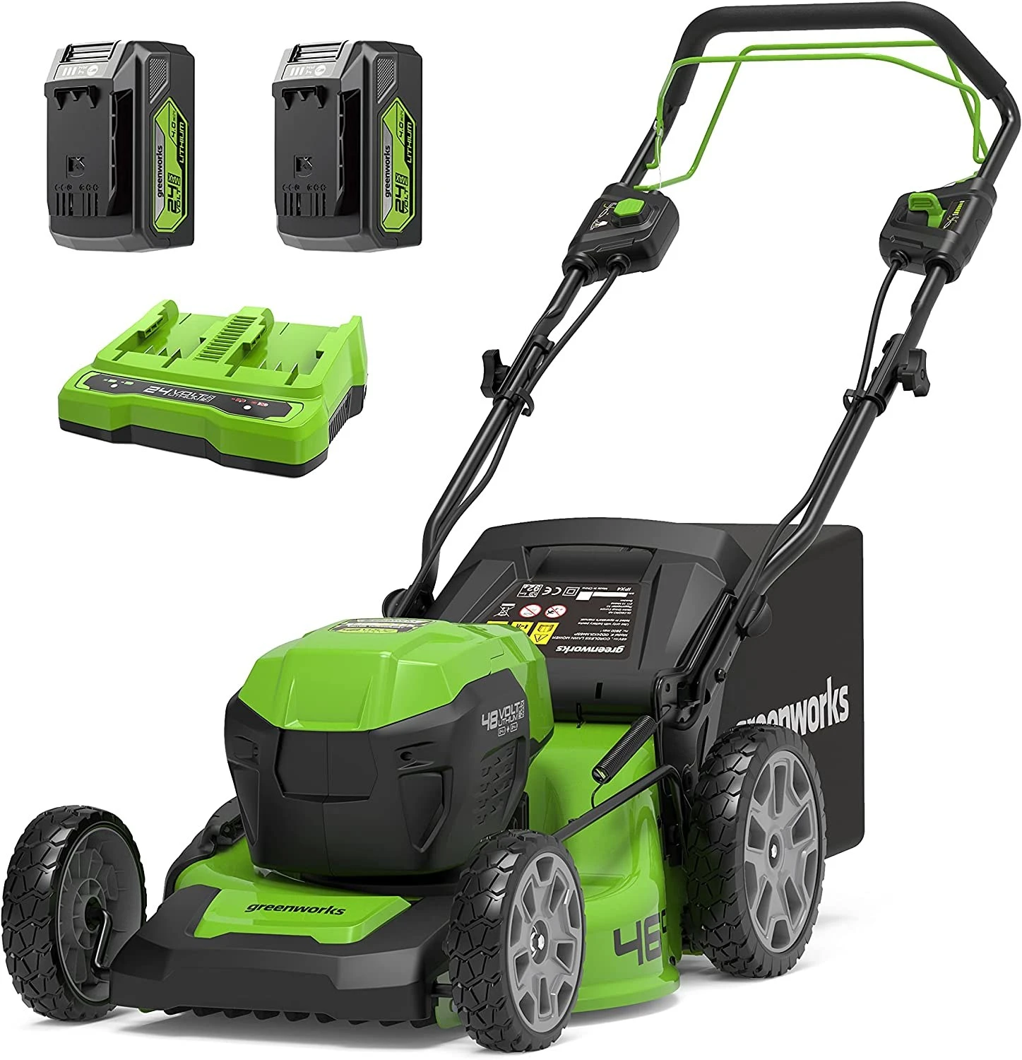 Akumuliatorinė savaeigė vejapjovė Greenworks GD24X2LM46SPK4x; 2x24 V; 2x4,0 Ah akum. aprašymas - Prekės nuotrauka